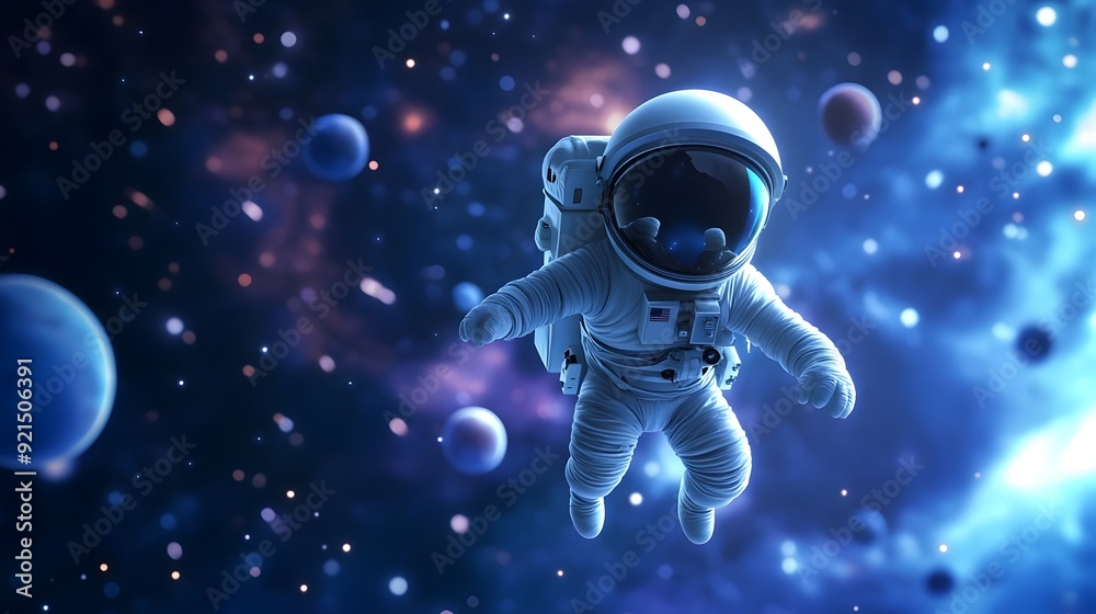 Poster Whimsical Cartoon Astronaut Floating Amidst Cosmic Wonders in Outer Space