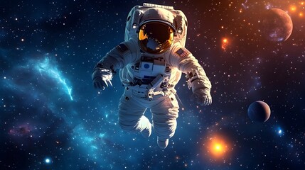 Whimsical Astronaut Floating Amidst Cosmic Splendor of Stars and Planets