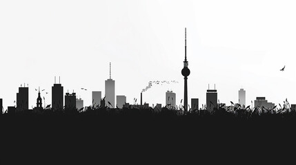 monochrome city silhouette with watercolor painting 