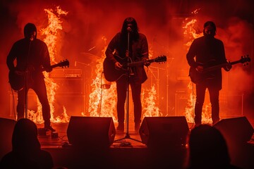Live Music Performance of a Rock Band Surrounded by Flames at Night