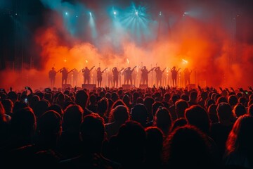 Dynamic Live Musical Performance Under Colorful Lights at Night in a Large Venue