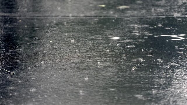 Heavy rain pelting dark asphalt, creating ripples and splashes. Zoomed shot.