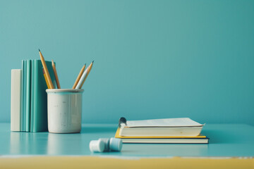 Books and box of pens on a study desk with blue background. Notebooks, Colorful Stationery. Education Supplies.