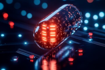 Illuminated Pills on a Tech Enhanced Background Highlighting the Intersection of Biotechnology and Healthcare
