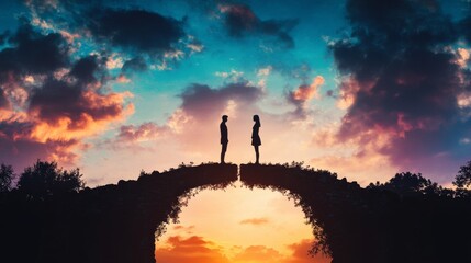 Silhouetted couple standing on broken bridge during vibrant sunset highlighting separation and emotional distance against colorful sky