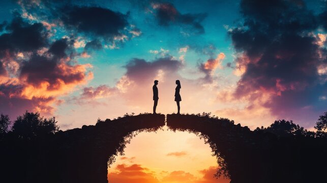 Silhouetted couple standing on broken bridge during vibrant sunset highlighting separation and emotional distance against colorful sky