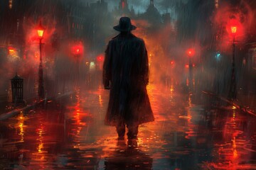 Mysterious Figure Walking Alone Through Foggy Street Illuminated by Streetlights at Night
