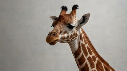 Fototapeta premium A solitary giraffe rests on a white background.