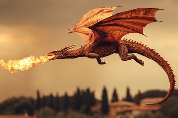 Majestic Dragon Soars Over Landscape Breathing Fire at Sunset in a Fantasy Realm