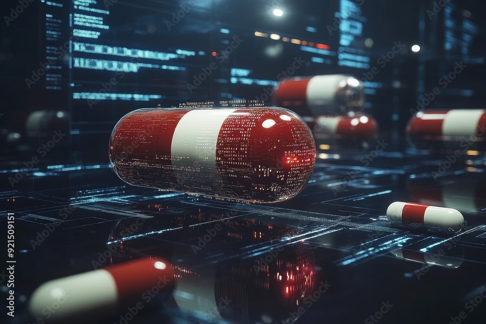 Sticker Red and White Capsule Pills on Electronic Circuit Merging Technology with Modern Medicine