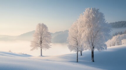 Obraz premium Winter Wonderland: Frosty Trees in a Snowy Landscape