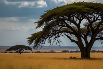 Obraz premium The only acacia tree, contrast of colors in the serengeti savann Generative AI