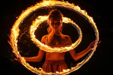 Woman Performing Mesmerizing Fire Dance With Fiery Hoops at Night in Outdoor Setting