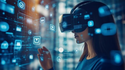 Person Wearing a VR Headset with Digital Data Streams