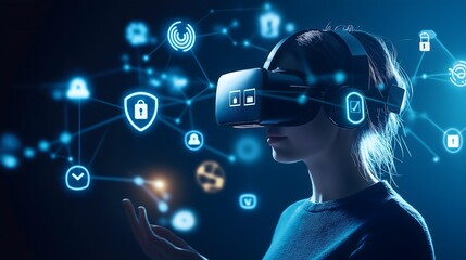 Person Wearing a VR Headset with Digital Data Streams