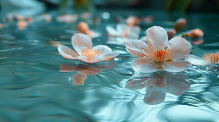 Greeting card with beautiful rose petals macro with drop floating on surface of the water close up. It can be used as background. Flat lay, top view, copy space concept