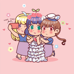 Group of cartoon young girls taking selfie photo