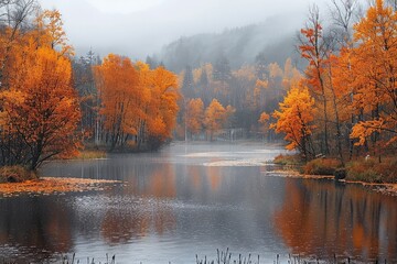 Autumnal Forest Reflecting in a Misty Lake