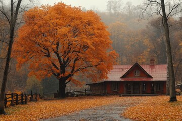 Fototapeta premium Autumnal Cabin with a Large Maple Tree in Foggy Woods