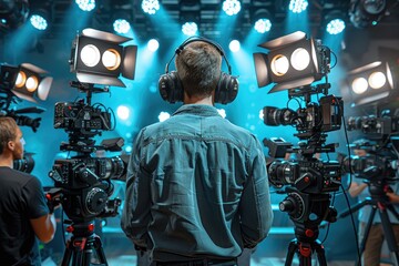 Fototapeta premium Cameraman with Headphones on Set with Blue Lighting