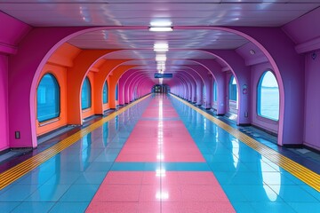 Futuristic corridor with vibrant colors and arched windows