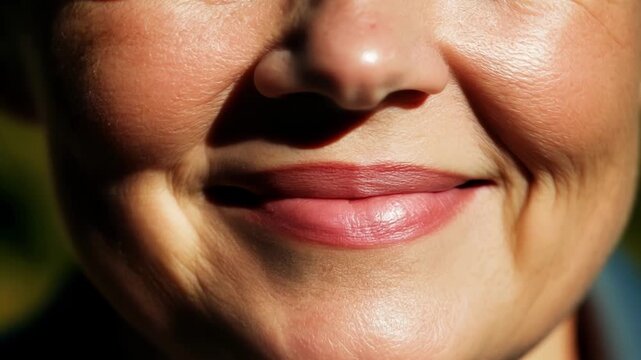 Close up of a middle aged woman smiling, showing crow's feet around her eyes and wrinkles around her mouth, embracing the beauty of aging gracefully