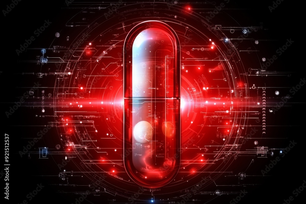 Poster futuristic red pill glowing with digital data streams symbolizing the convergence of medicine and te