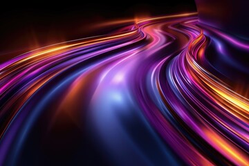 Glowing neon light trails in vibrant purple orange and blue hues create a mesmerizing abstract background