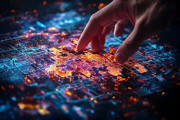 Futuristic Illuminated Electronic Circuit Board with Glowing Microchips and Colorful Neon Lights