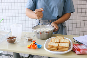 Woman Hands Stir The Dough With A Whisk In A Deep Stainless Bowl.  The Process Of Making Tiramisu Cake With Biscuit.