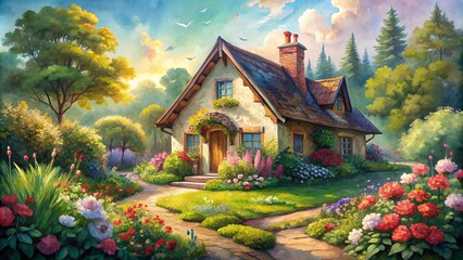 Fototapeta premium Charming, dreamy watercolor illustration of a quaint, rustic cottage surrounded by lush greenery, vibrant flowers, and nestled amidst a serene, idyllic landscape.