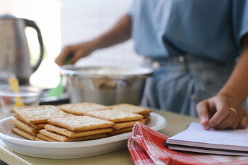 Heap Of Biscuits On Plate For Making Delicious Tiramisu Cake