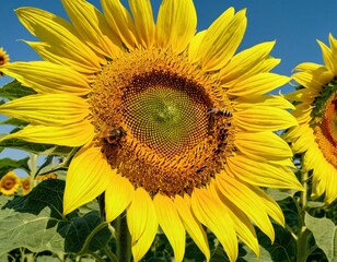 Naklejka premium Bees at Work: Close-Up of Pollination on Sunflowers