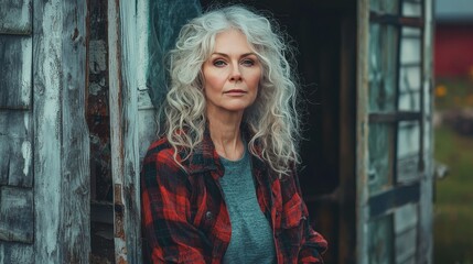 Obraz premium Old White Woman with Blond Curly Hair creative poster.