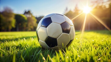 Fototapeta premium Close-up of a soccer ball sitting on a lush, green grassy field, with individual blades of grass surrounding the ball's panels and laces.