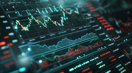 Screen with stock market index charts and diagrams