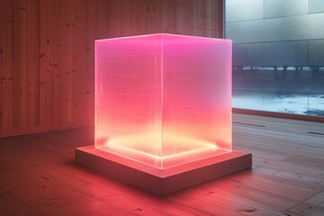 A Glowing Pink Cube on a Wooden Platform