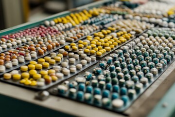 Fototapeta premium Detailed view of a colorful pharmaceutical production line highlighting precision and automation in medication manufacturing