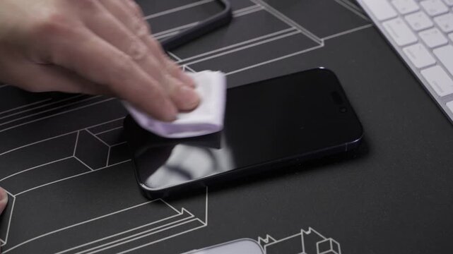 Close-up of male hand preparing and installing screen protector on smartphone. Top view of attaching protective sheet to smart phone display. Tempered glass shield protector. Maintenance and repairing