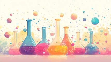 Colorful laboratory glassware with bubbling liquids and splashes, perfect for science and creativity themes.
