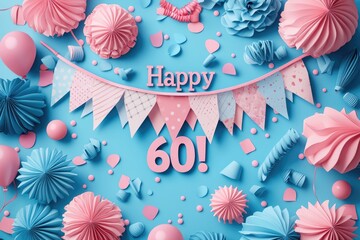 Fototapeta premium Diamond jubilee: text happy 60 years, celebrating six decades of cherished memories, accomplishments, and enduring relationships, lifetime of joy and looking forward to future adventures
