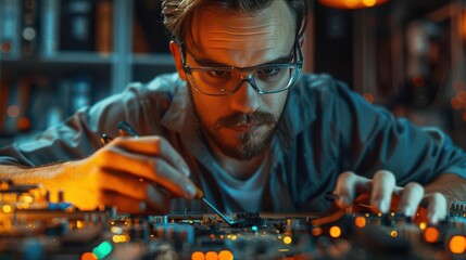 Focused technician working on a circuit board, delicate and intricate electronic components under careful examination in a dimly lit workshop.