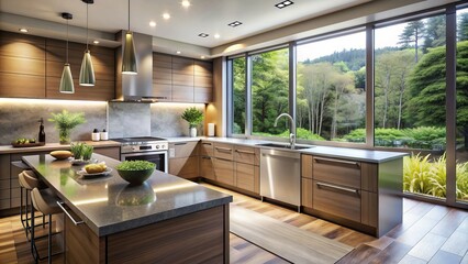 Contemporary kitchen with sleek cabinetry, stainless steel appliances, and a large window above the sink, allowing natural light to flood the space.