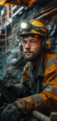 Fototapeta premium A rugged miner wearing a helmet with a headlamp takes a break in a dimly lit, narrow underground tunnel. Intense and hardworking moment captured.