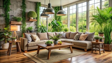 Fototapeta premium Cozy living room with sectional sofa, rustic wooden coffee table, and floor lamp, surrounded by lush green plants, creating a peaceful home zone ambiance.