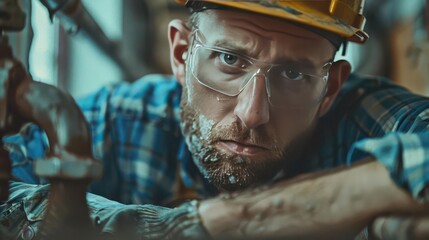 Naklejka premium Close-up of a focused construction worker in safety gear, wearing a hard hat and goggles, engaged in a task. Industrial setting.
