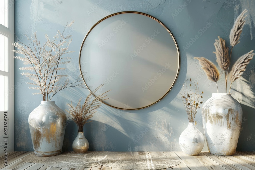 Wall mural large round mirror with a golden frame on a wall in a boho interior, featuring a vase and decorative