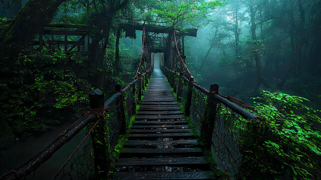 Fototapeta Wooden plank rope bridge over the misty jungle forest, path through the greenery of the foggy dense trees, atmospheric tranquil overgrown wilderness