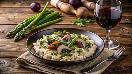 Creamy risotto with sautéed mushrooms and asparagus, served with a glass of rich, full-bodied red wine on a rustic wooden table, evoking cozy Italian nights.