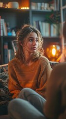 Woman in cozy sweater sitting in warm, lit room with bookshelves. Intimate indoor setting with soft, ambient lighting.